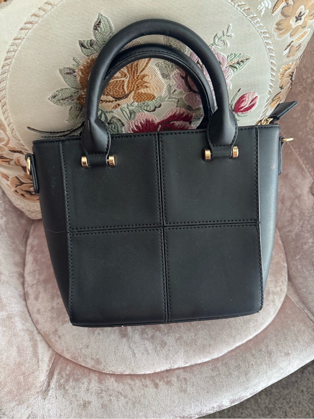 Elegant Black Stitched Satchel with Top Handles